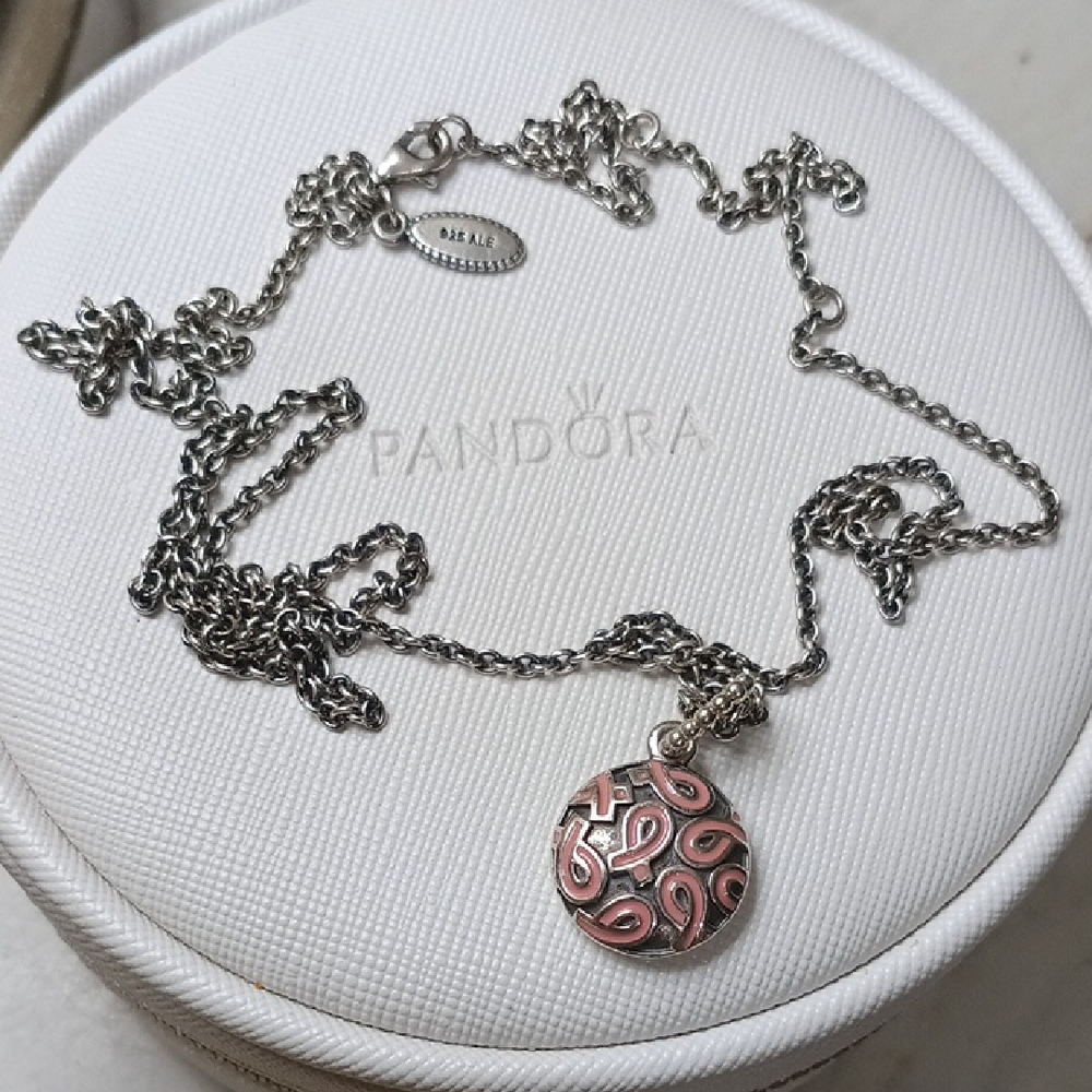 Pandora Stirling Silver and Pink Enamel Breast Cancer Awareness Necklace